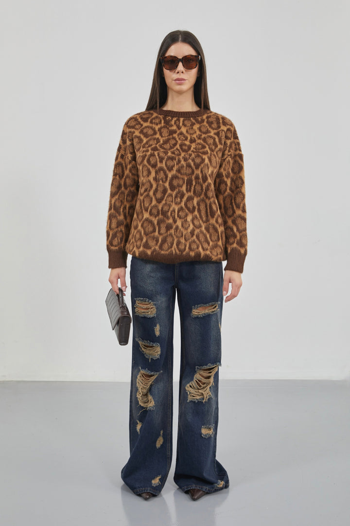 Leopard Patterned Brown Bearded Knitwear Sweater 