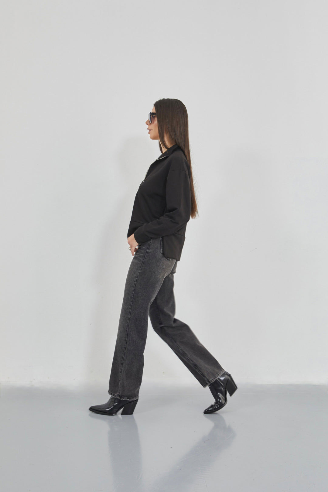 Black Sweatshirt with Zipper and Stitching Details 