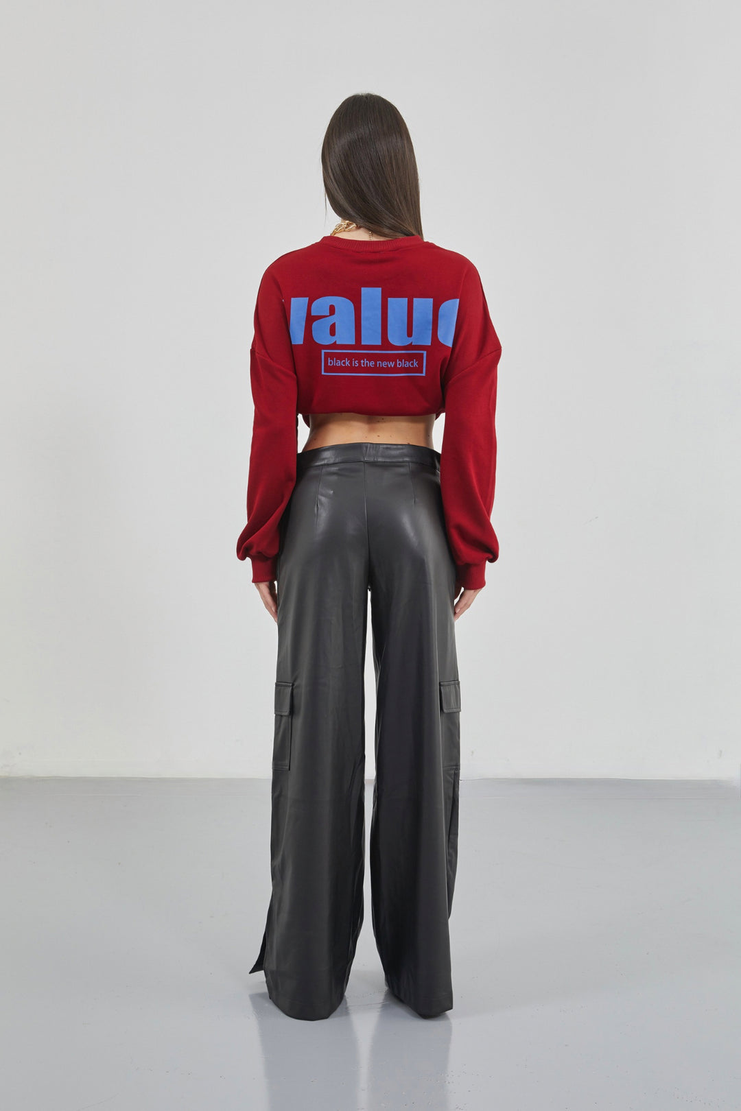 Cargo Pocket Wide Leg Black Leather Trousers