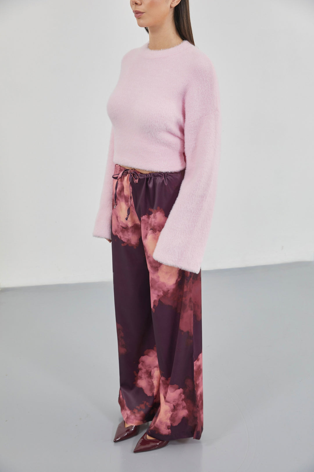 Patterned Satin Burgundy Trousers with Elastic Waistband