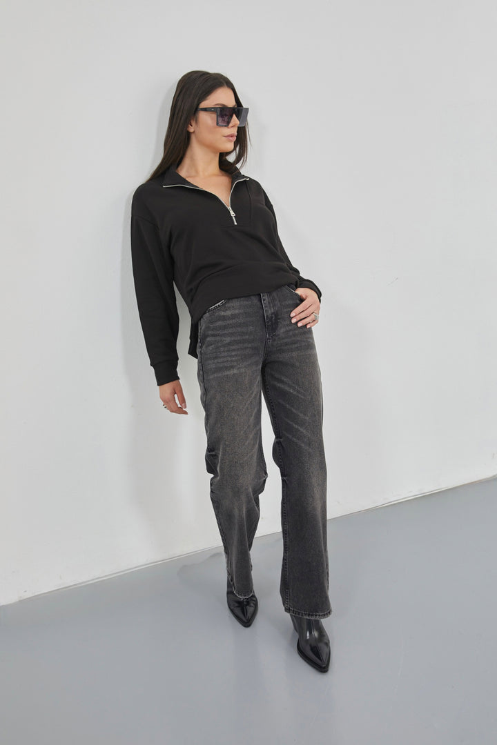 Black Sweatshirt with Zipper and Stitching Details 