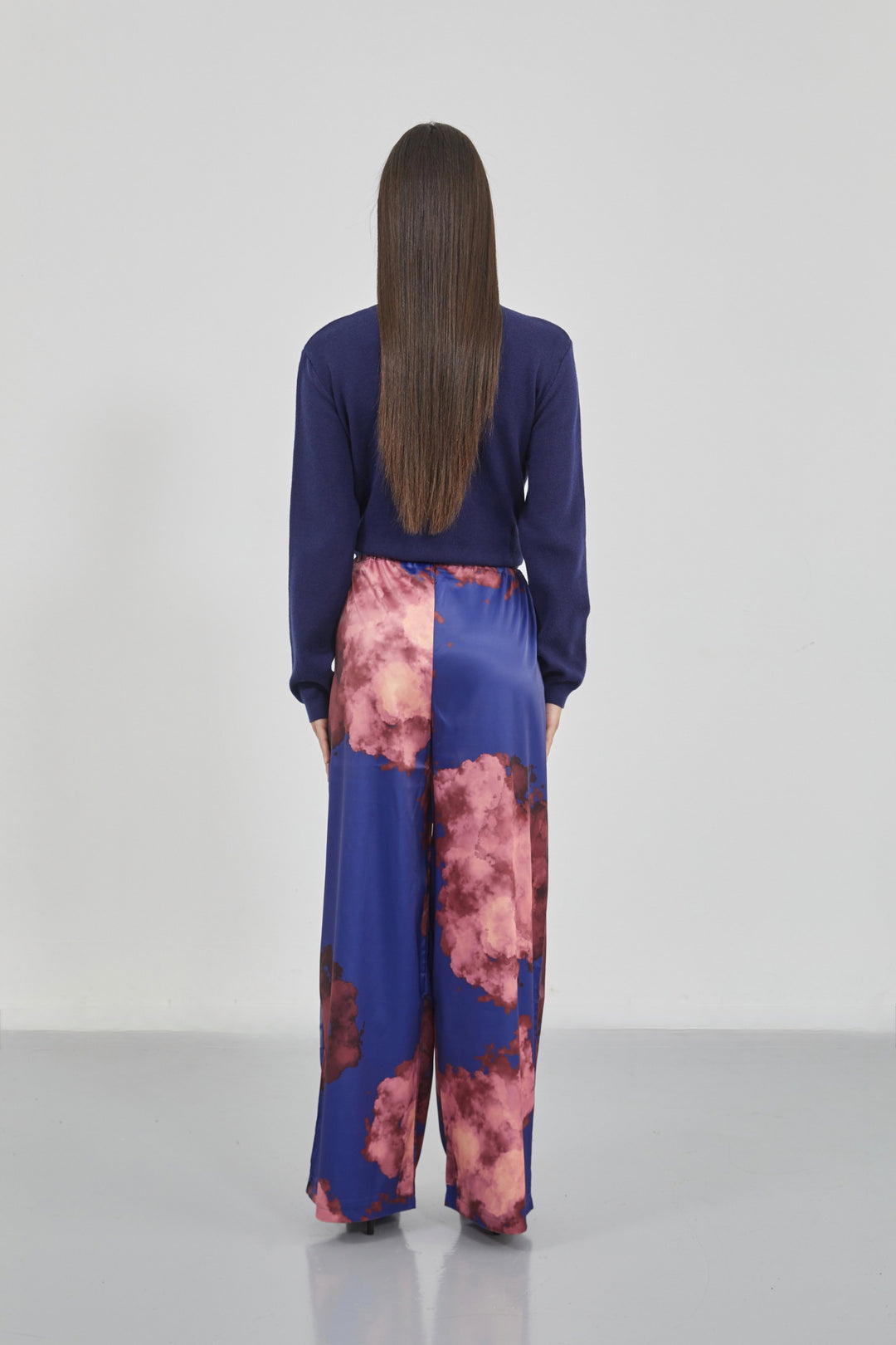 Patterned Satin Navy Blue Trousers with Elastic Waistband