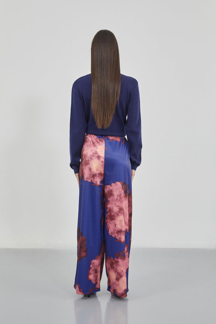 Patterned Satin Navy Blue Trousers with Elastic Waistband