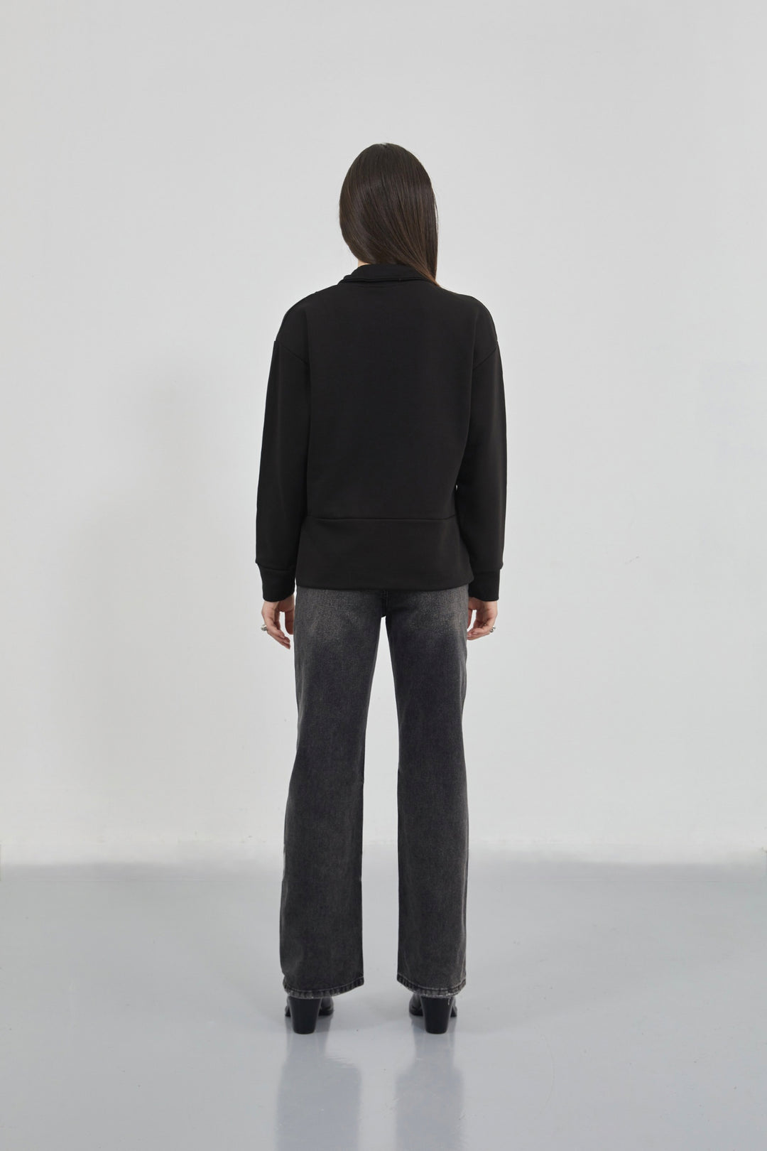 Black Sweatshirt with Zipper and Stitching Details 