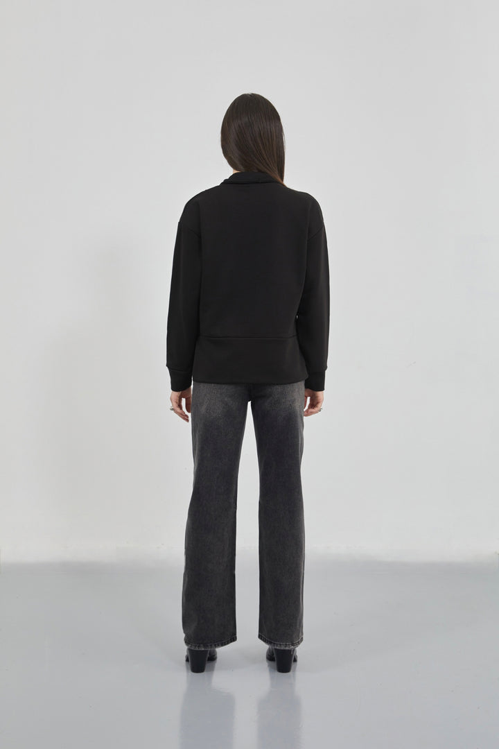 Black Sweatshirt with Zipper and Stitching Details 