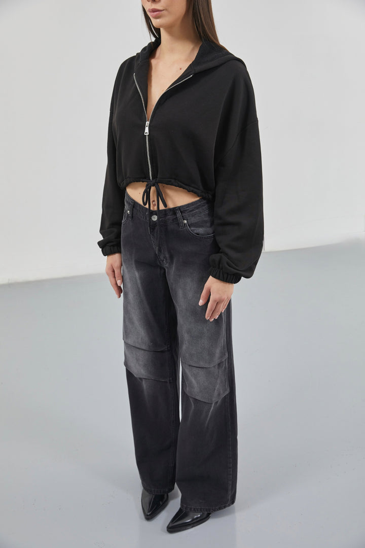 Beli Lastikli Fermuarlı Siyah Sweatshirt