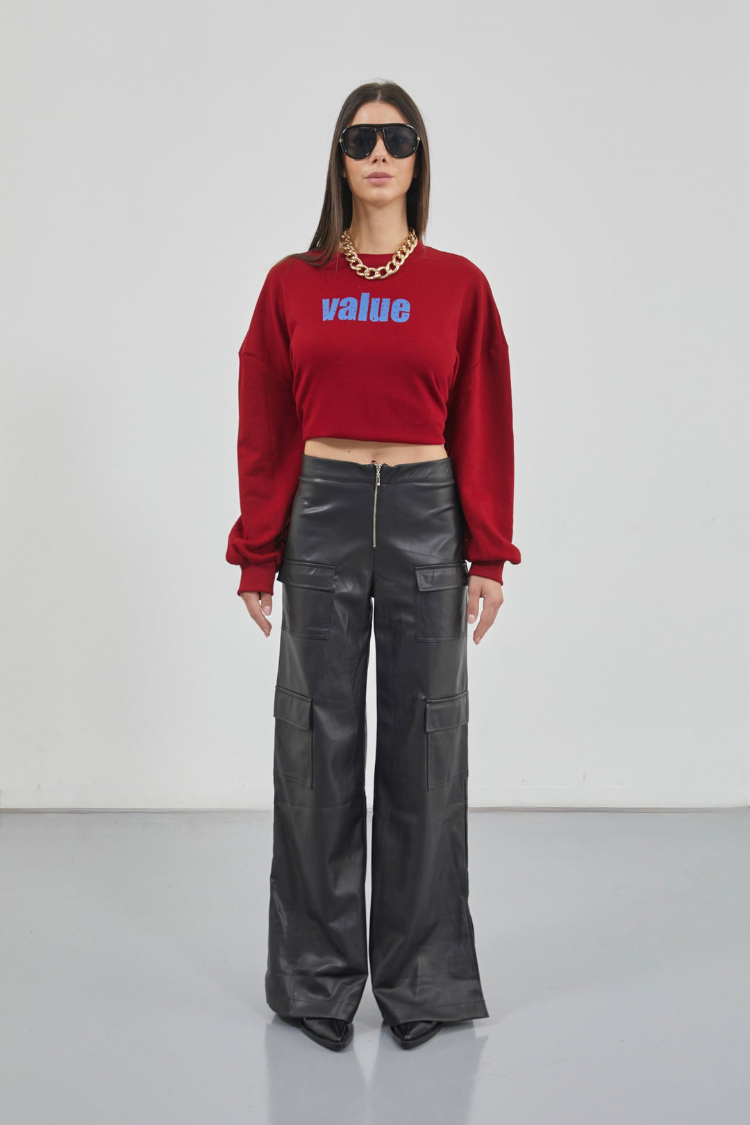 Cargo Pocket Wide Leg Black Leather Trousers