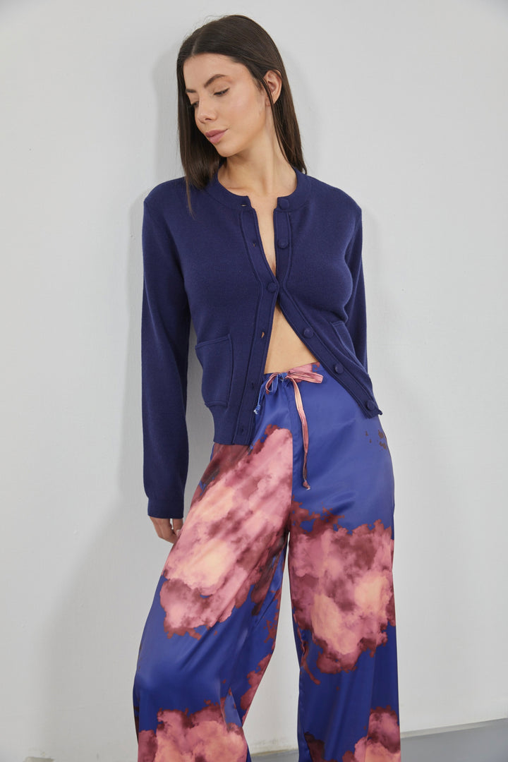 Patterned Satin Navy Blue Trousers with Elastic Waistband