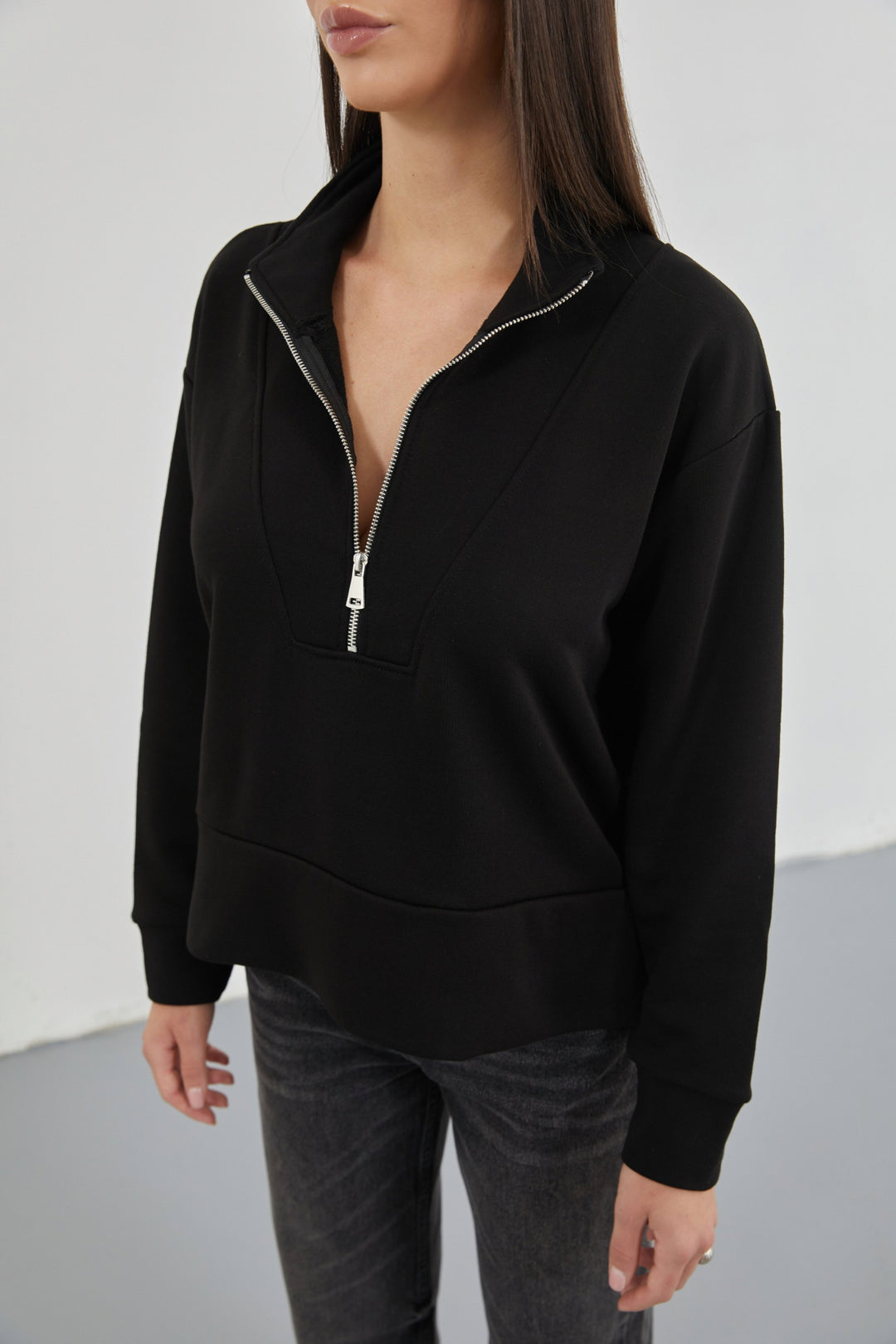 Black Sweatshirt with Zipper and Stitching Details 