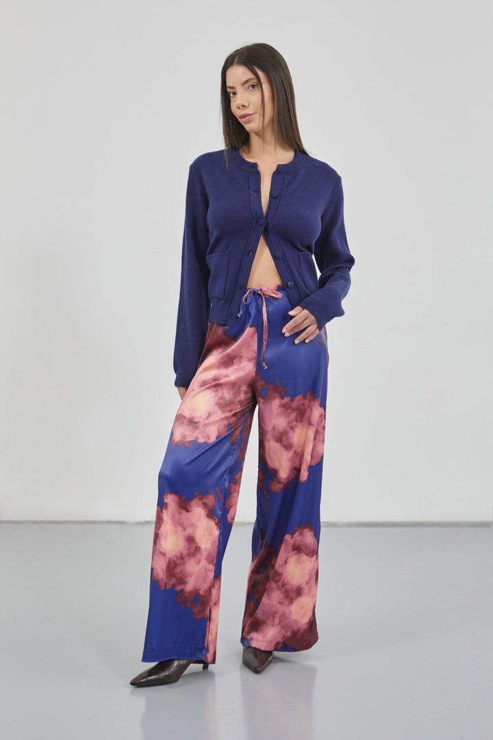 Patterned Satin Navy Blue Trousers with Elastic Waistband