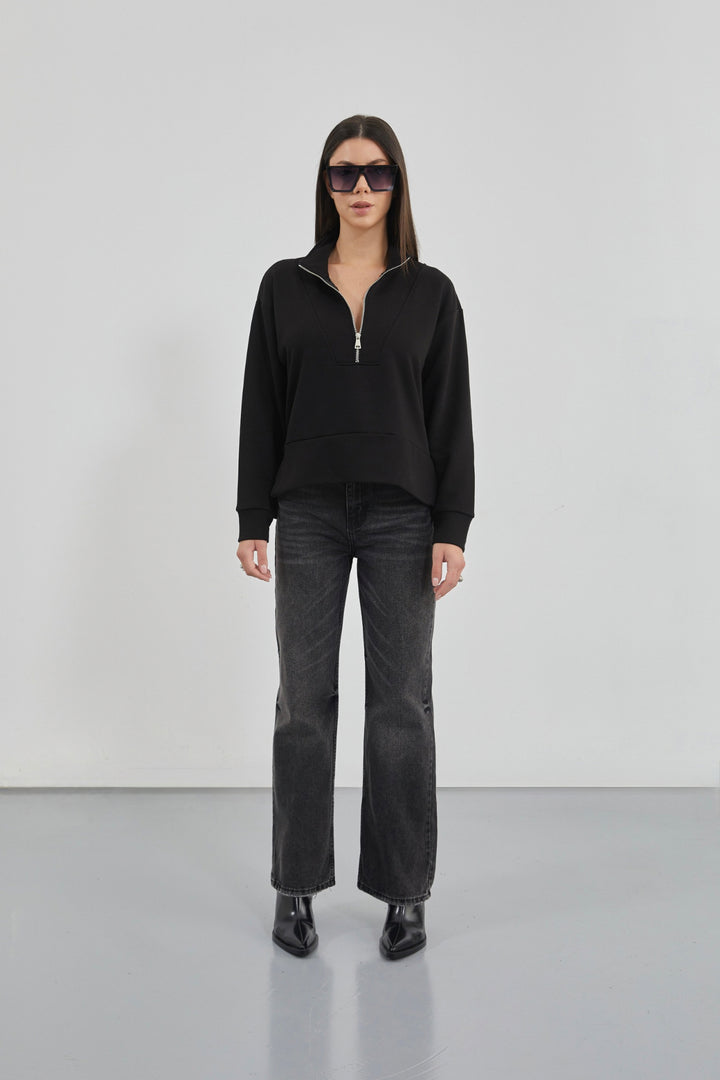 Black Sweatshirt with Zipper and Stitching Details 