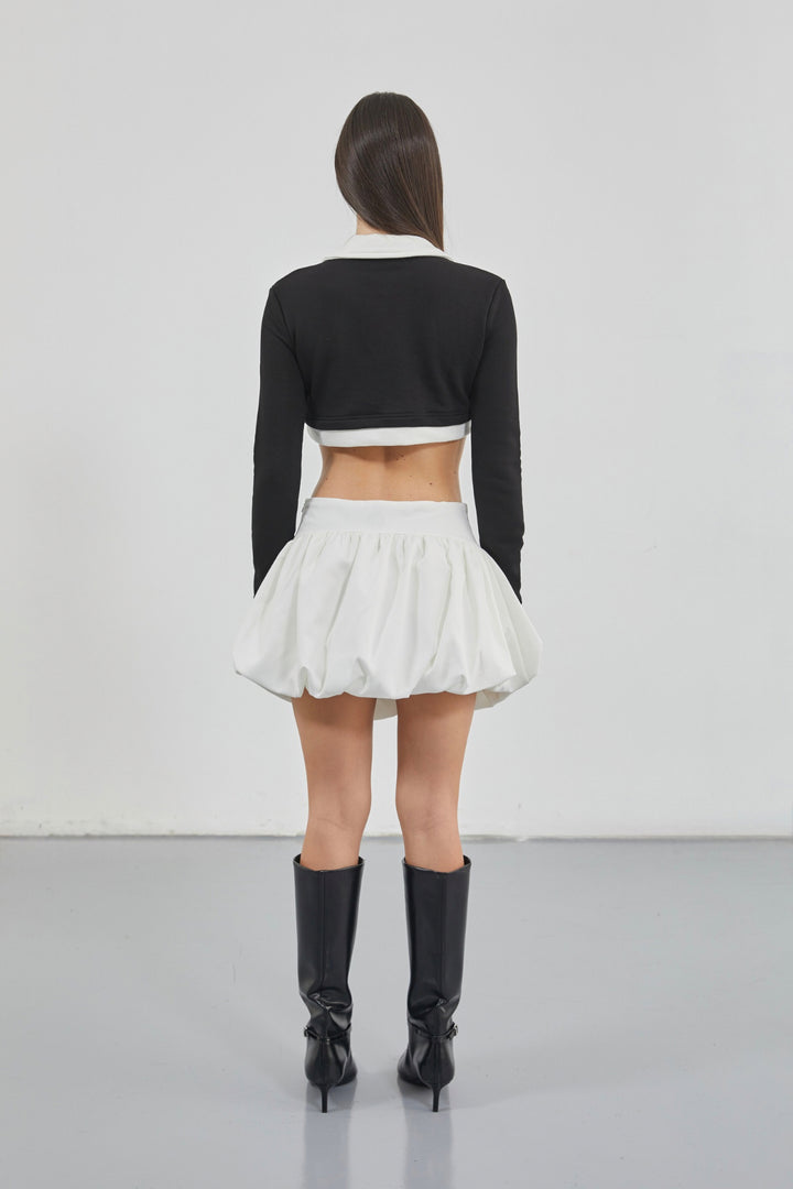 Polo Yaka Garnili Crop Siyah Sweatshirt