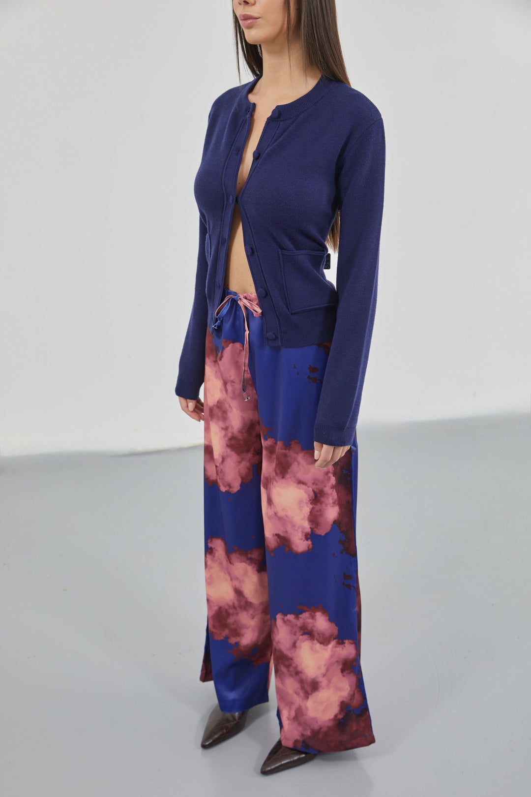 Patterned Satin Navy Blue Trousers with Elastic Waistband