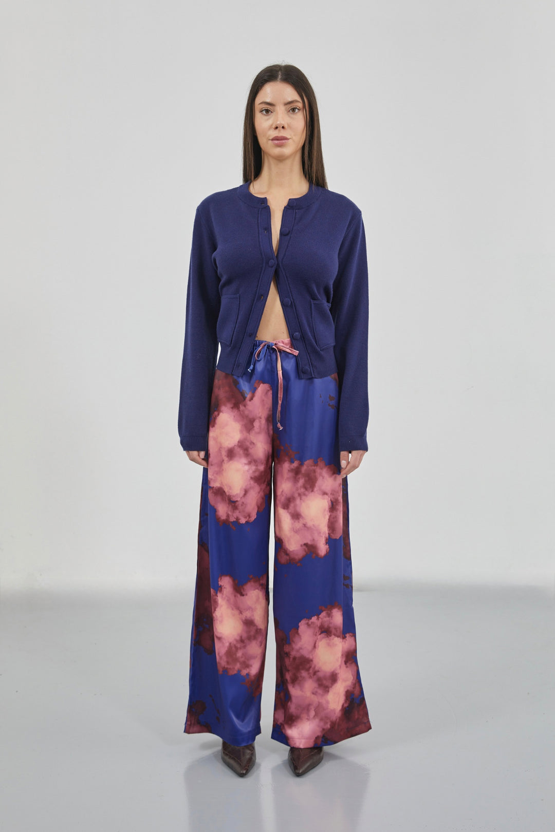 Patterned Satin Navy Blue Trousers with Elastic Waistband