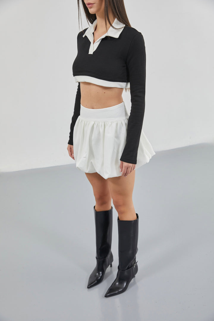 Polo Yaka Garnili Crop Siyah Sweatshirt