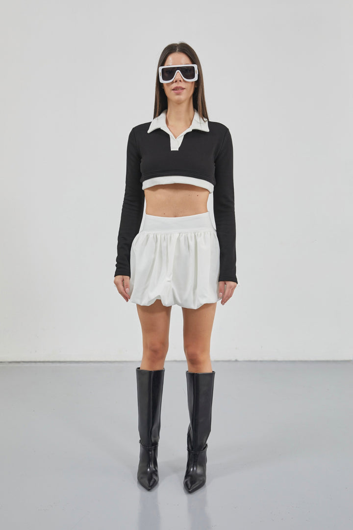 Polo Yaka Garnili Crop Siyah Sweatshirt