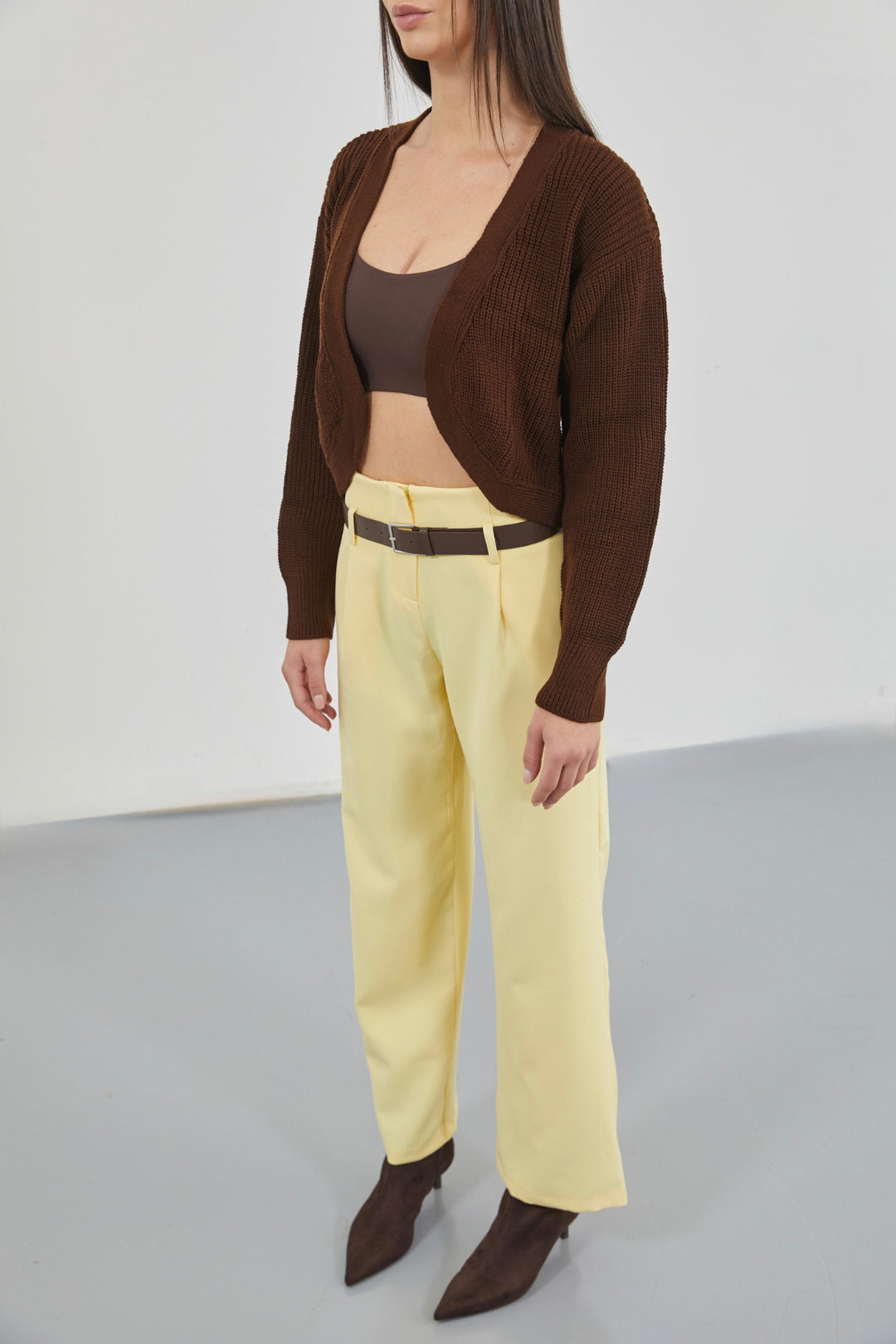 Crop Brown Knitted Cardigan with Piping 