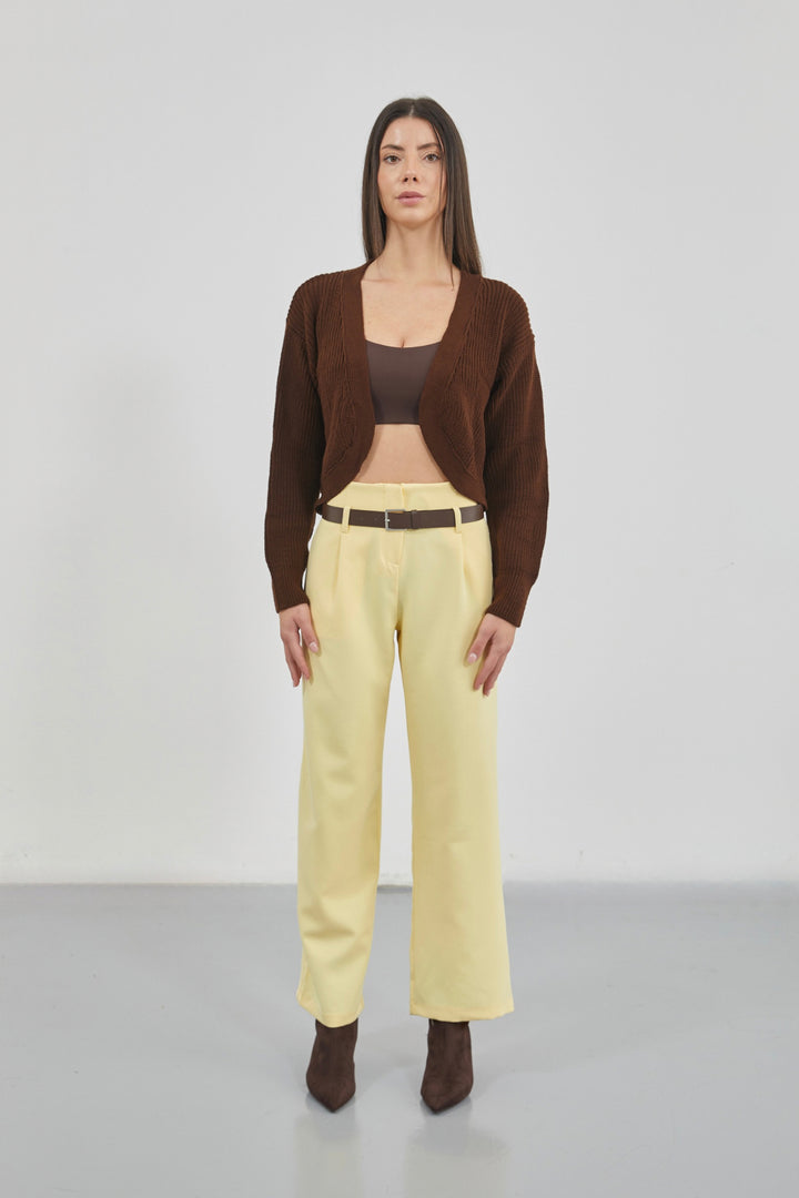 Crop Brown Knitted Cardigan with Piping 