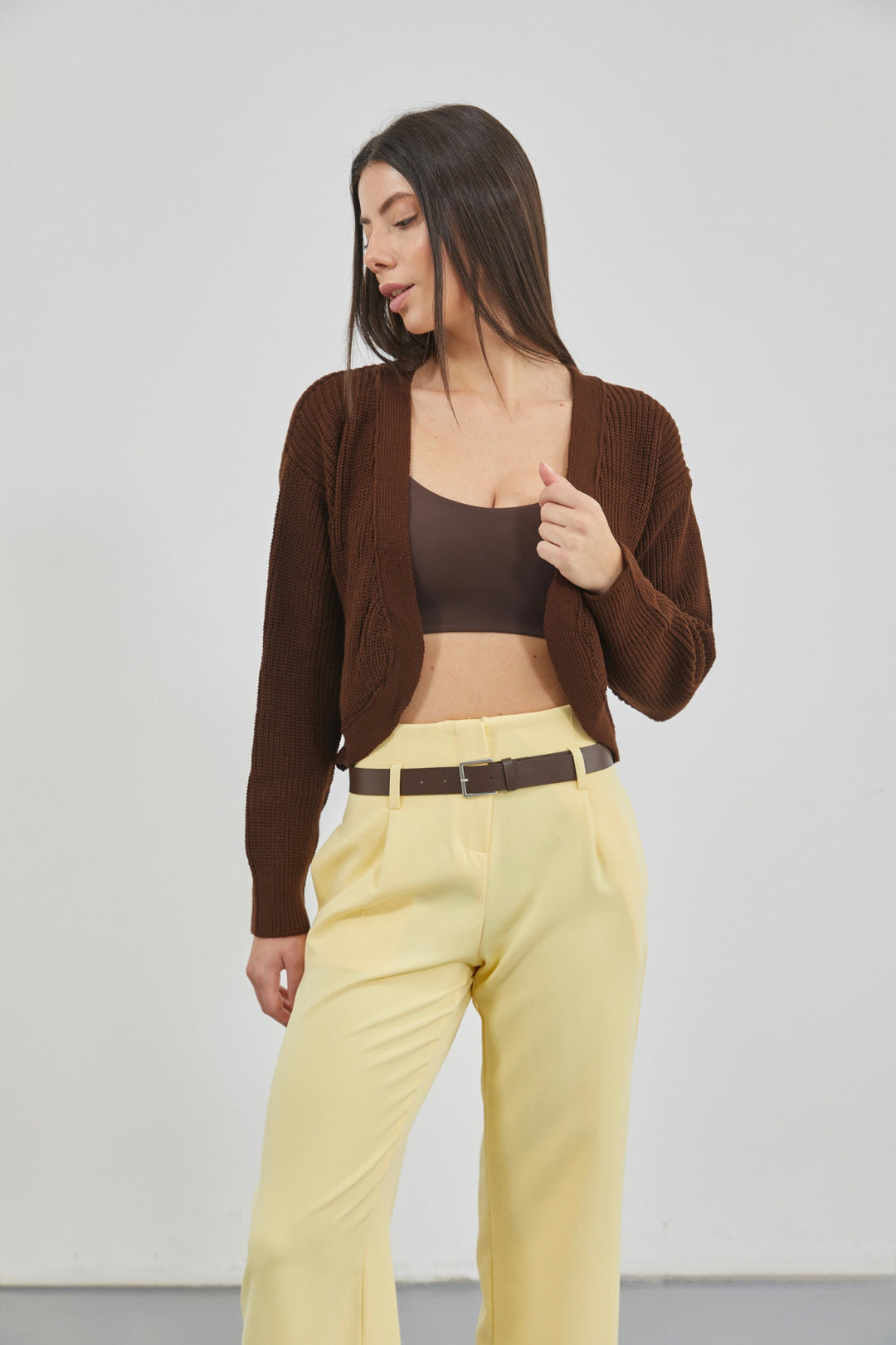 Crop Brown Knitted Cardigan with Piping 