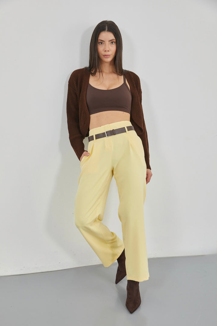 Crop Brown Knitted Cardigan with Piping 