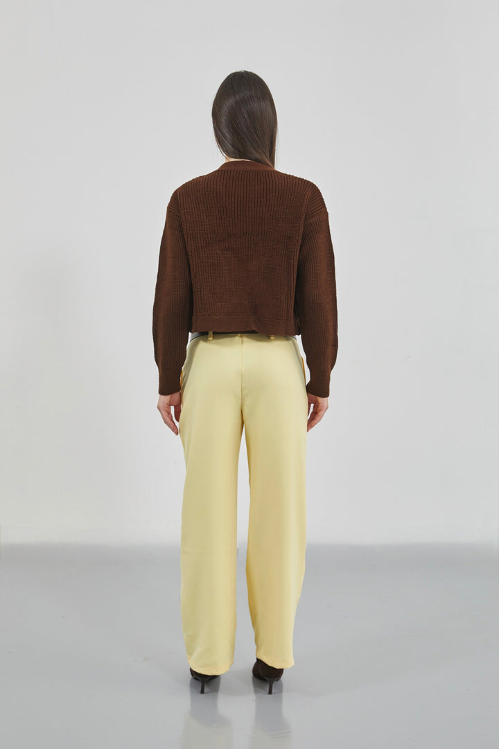 Crop Brown Knitted Cardigan with Piping 