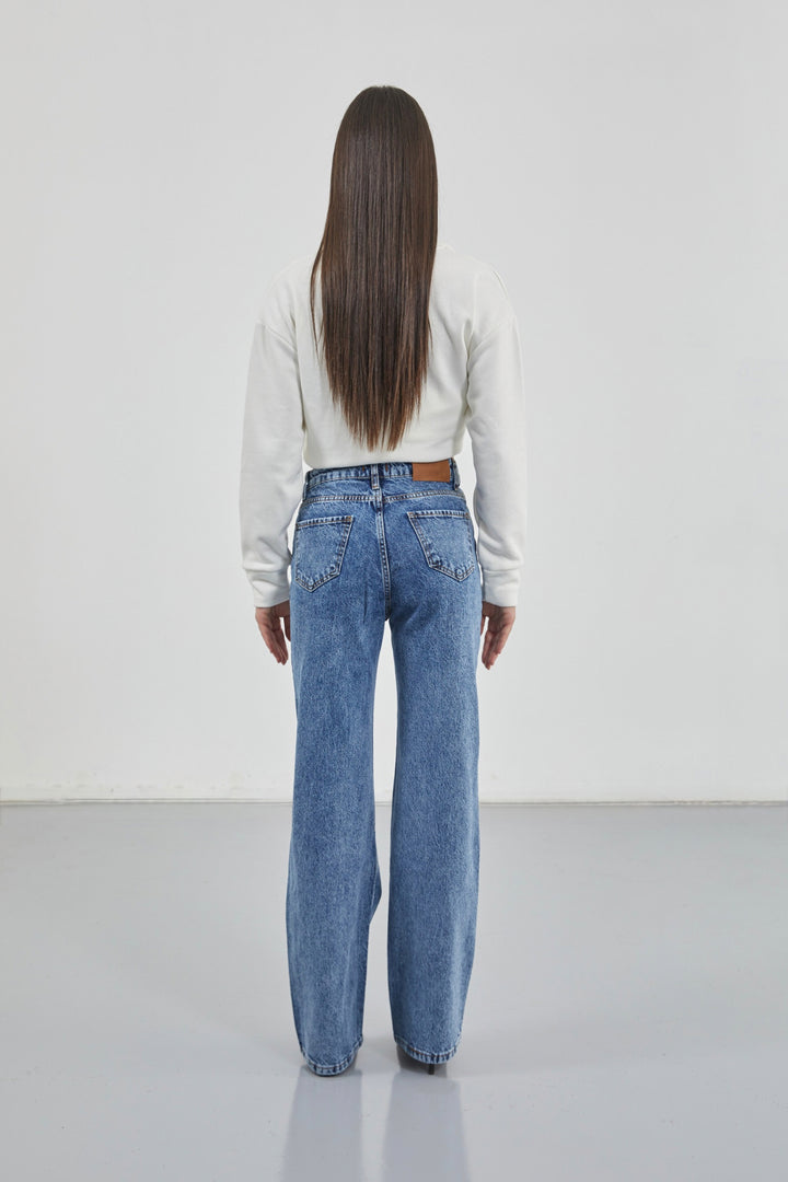 Baskılı Düşük Bel Mavi Jean