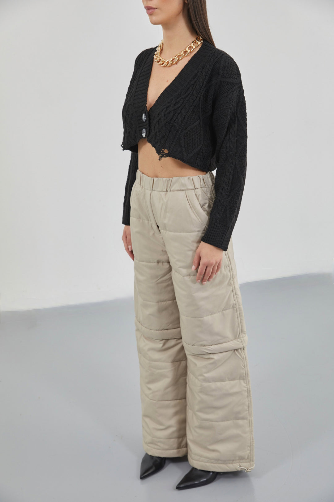 Baklava Desen  Siyah Crop Saçaklı Hırka