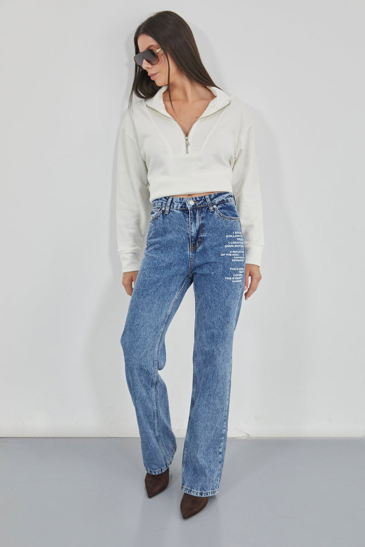 Baskılı Düşük Bel Mavi Jean