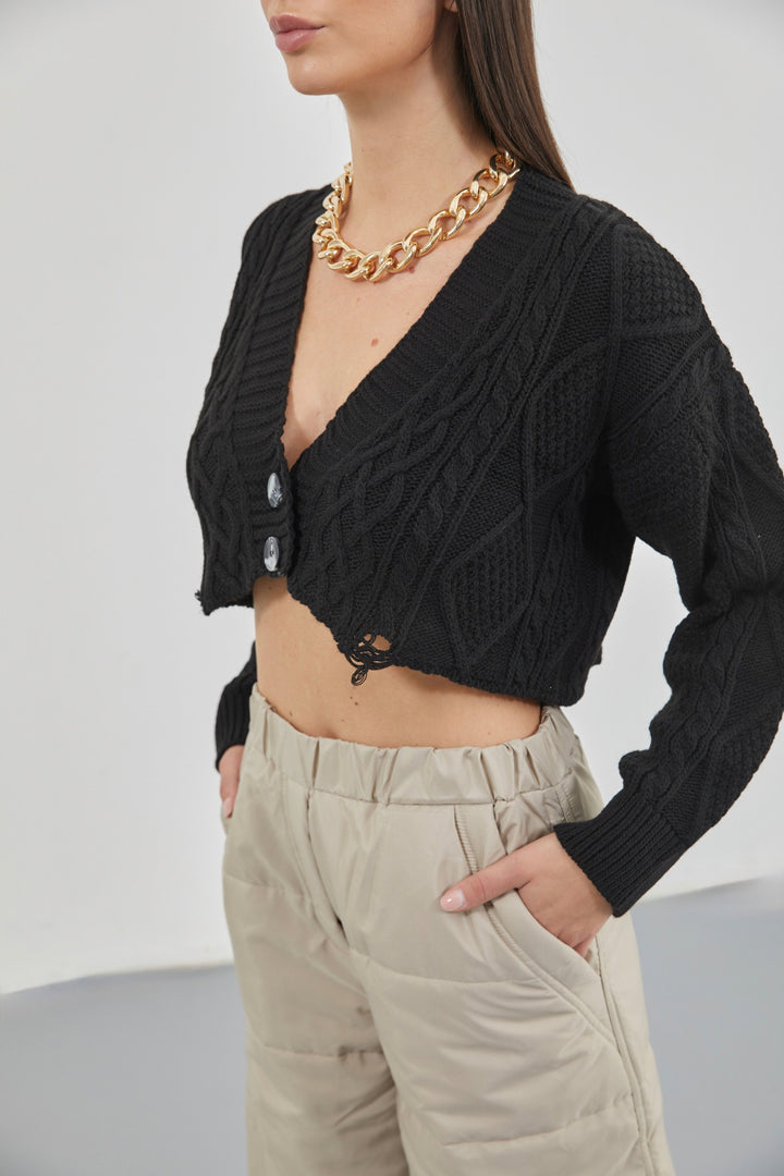 Baklava Desen  Siyah Crop Saçaklı Hırka