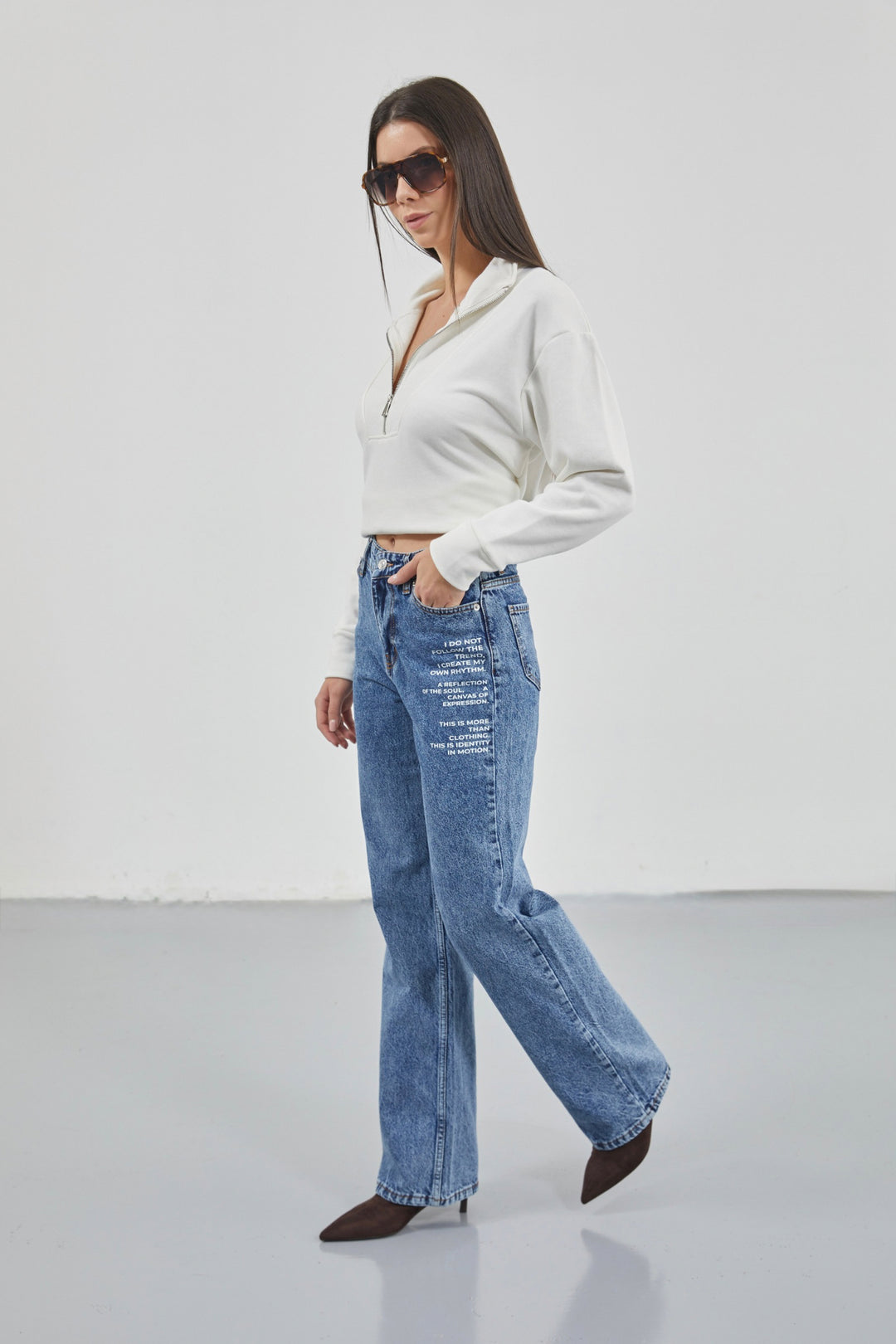 Baskılı Düşük Bel Mavi Jean