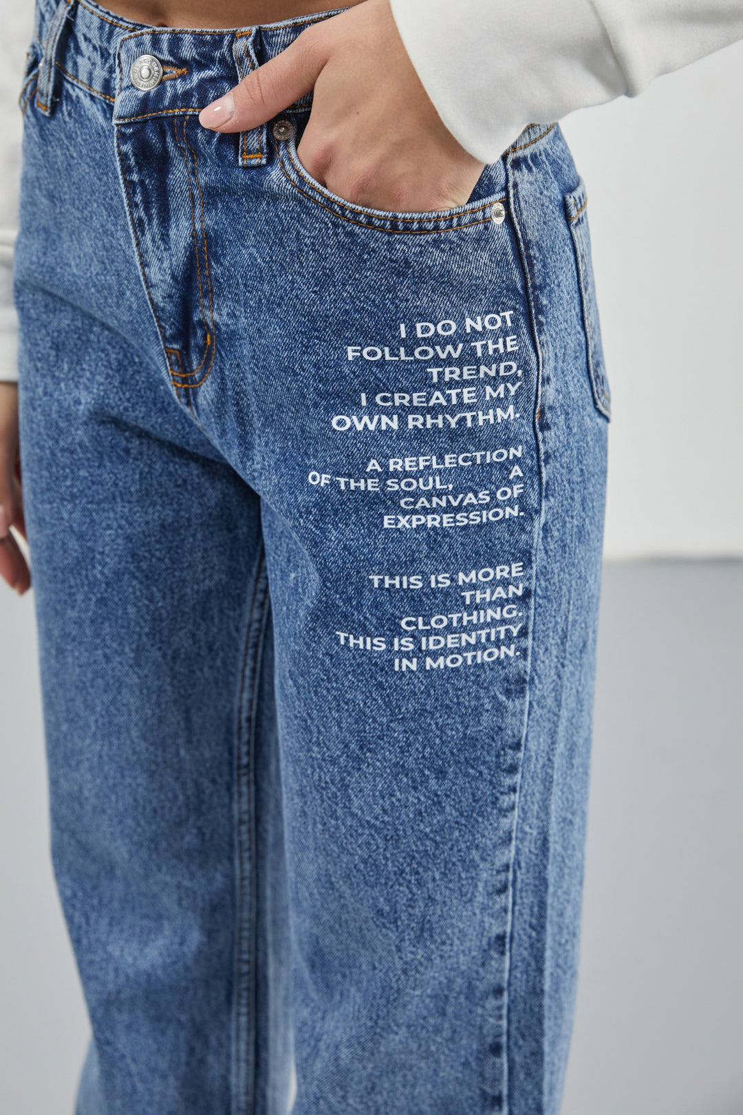 Baskılı Düşük Bel Mavi Jean