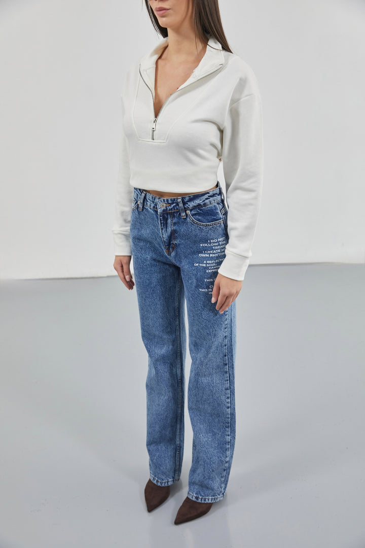 Baskılı Düşük Bel Mavi Jean