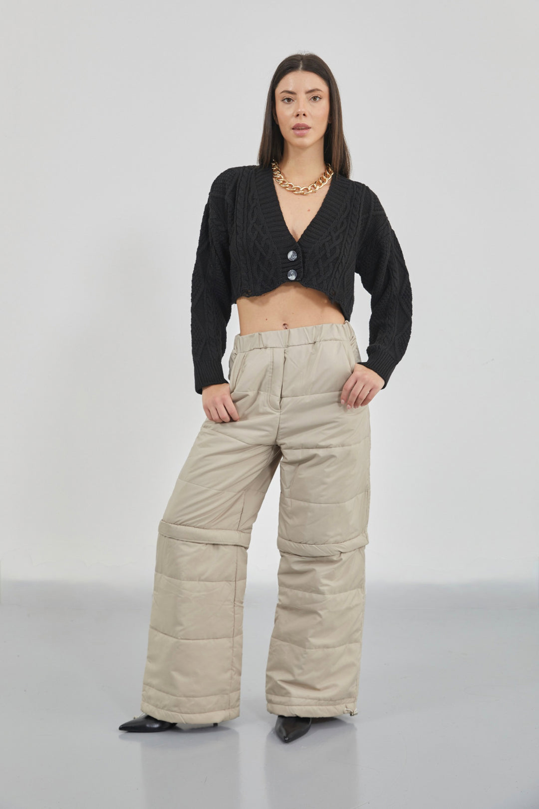 Zipper Detail Beige Quilted Trousers 