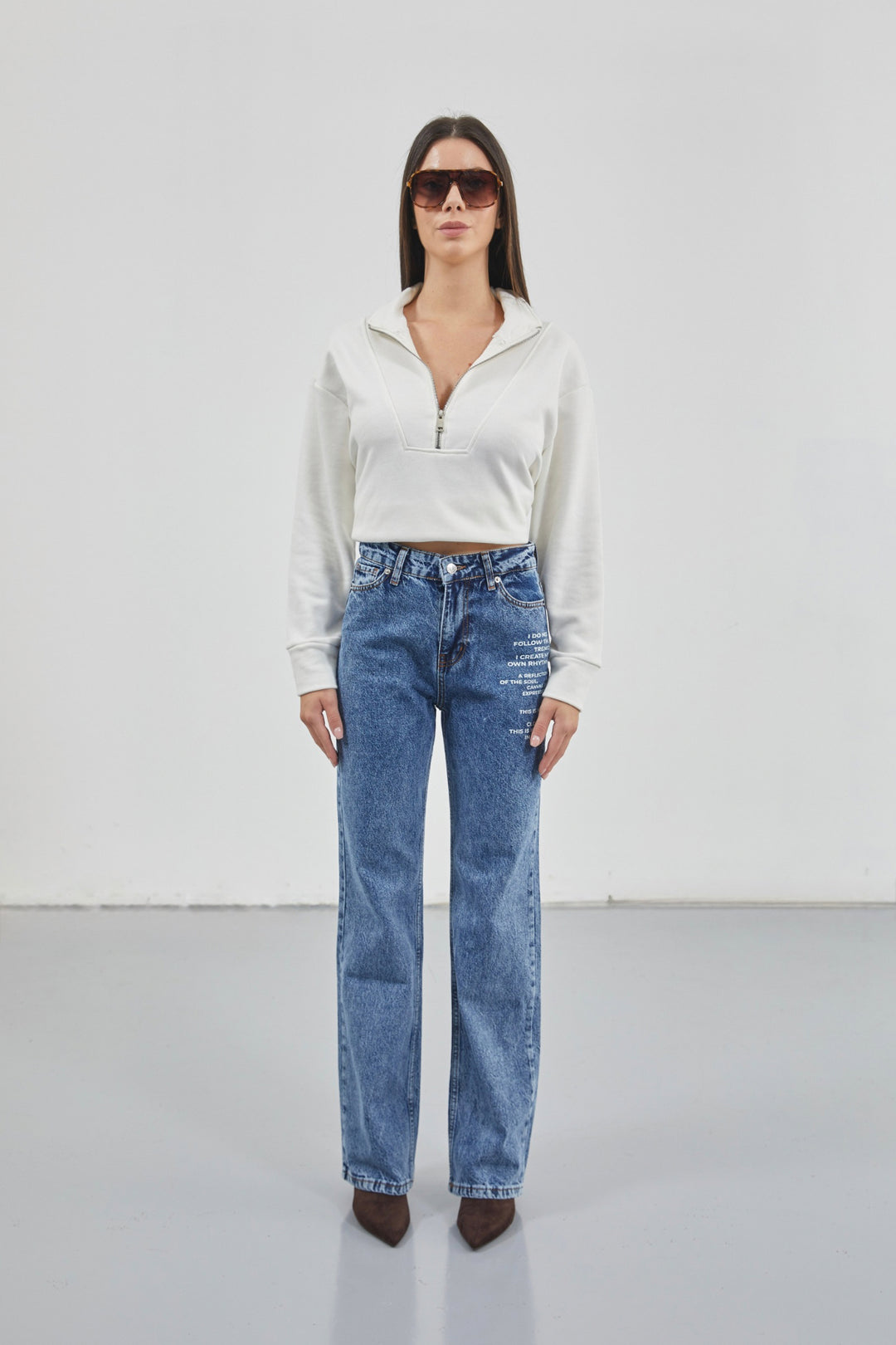 Baskılı Düşük Bel Mavi Jean