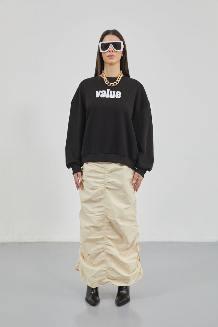 Printed Crew Neck Oversize Black Sweatshirt 