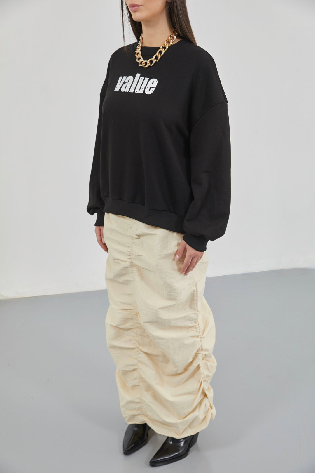 Printed Crew Neck Oversize Black Sweatshirt 