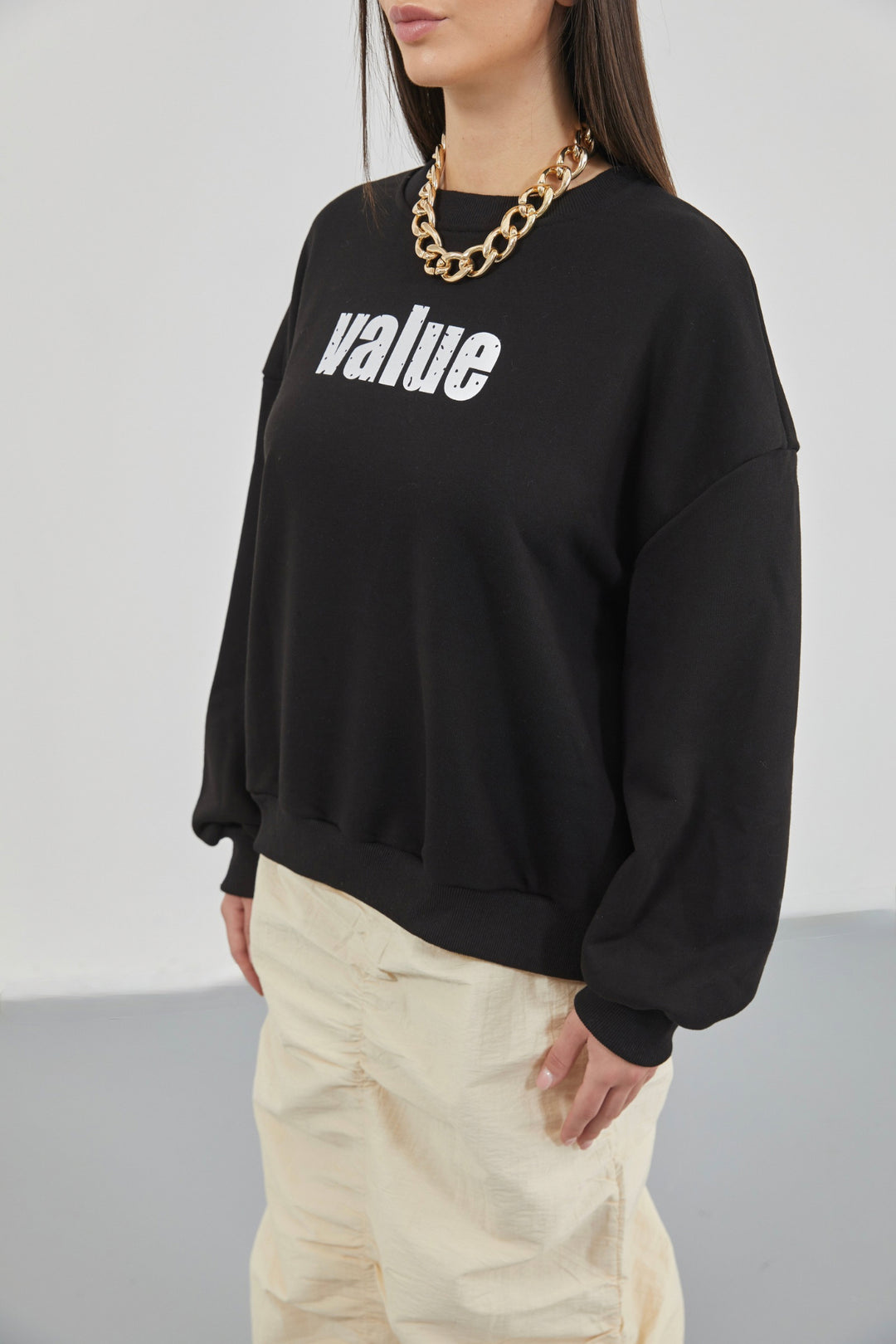 Printed Crew Neck Oversize Black Sweatshirt 