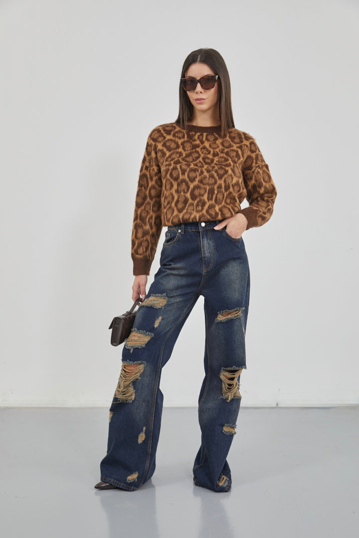 Laser Cut Wide Leg High Waist Blue Jeans 