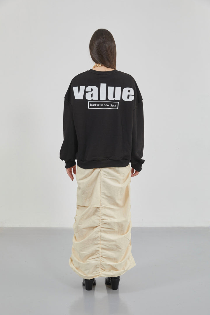 Printed Crew Neck Oversize Black Sweatshirt 