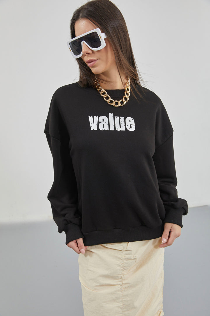 Printed Crew Neck Oversize Black Sweatshirt 