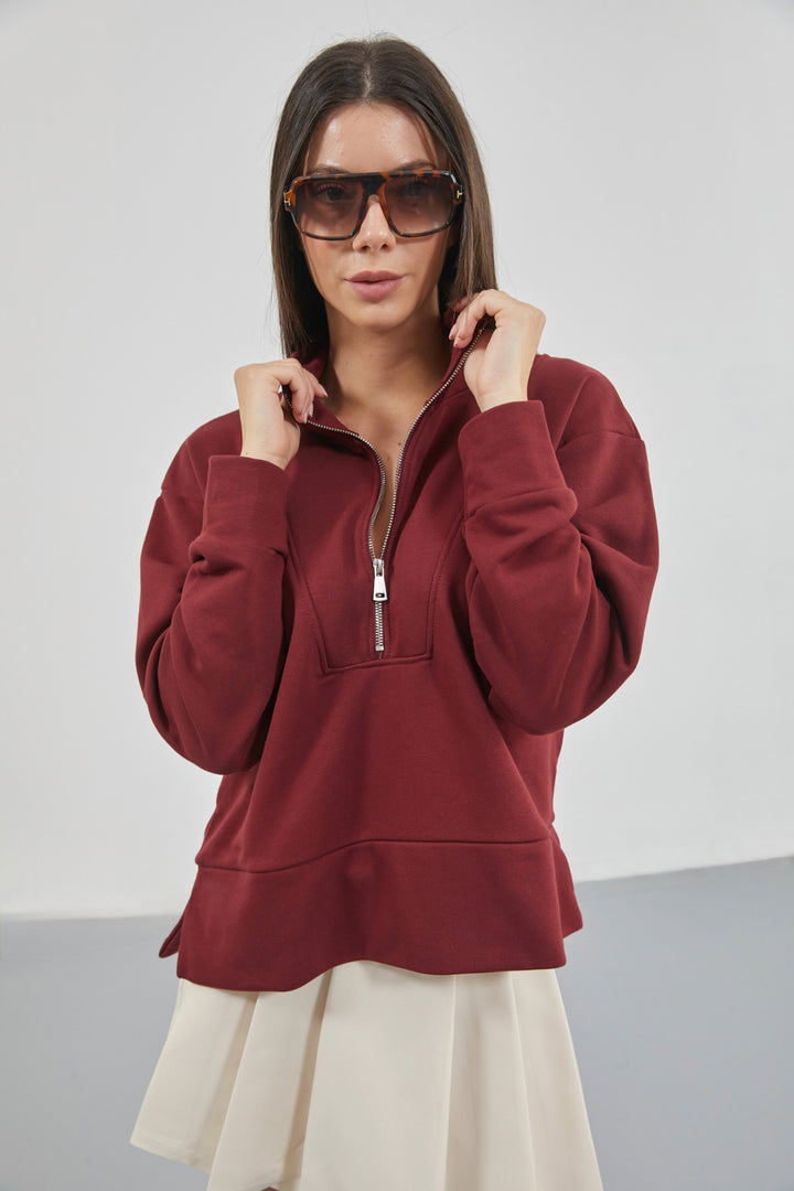 Burgundy Sweatshirt with Zipper and Stitching Details 