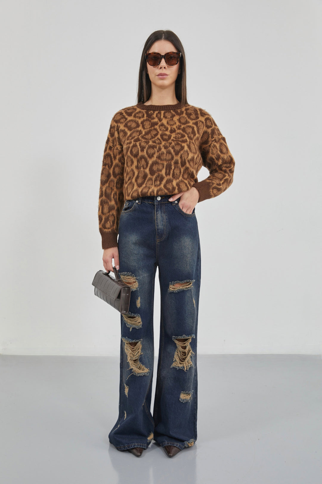 Laser Cut Wide Leg High Waist Blue Jeans 