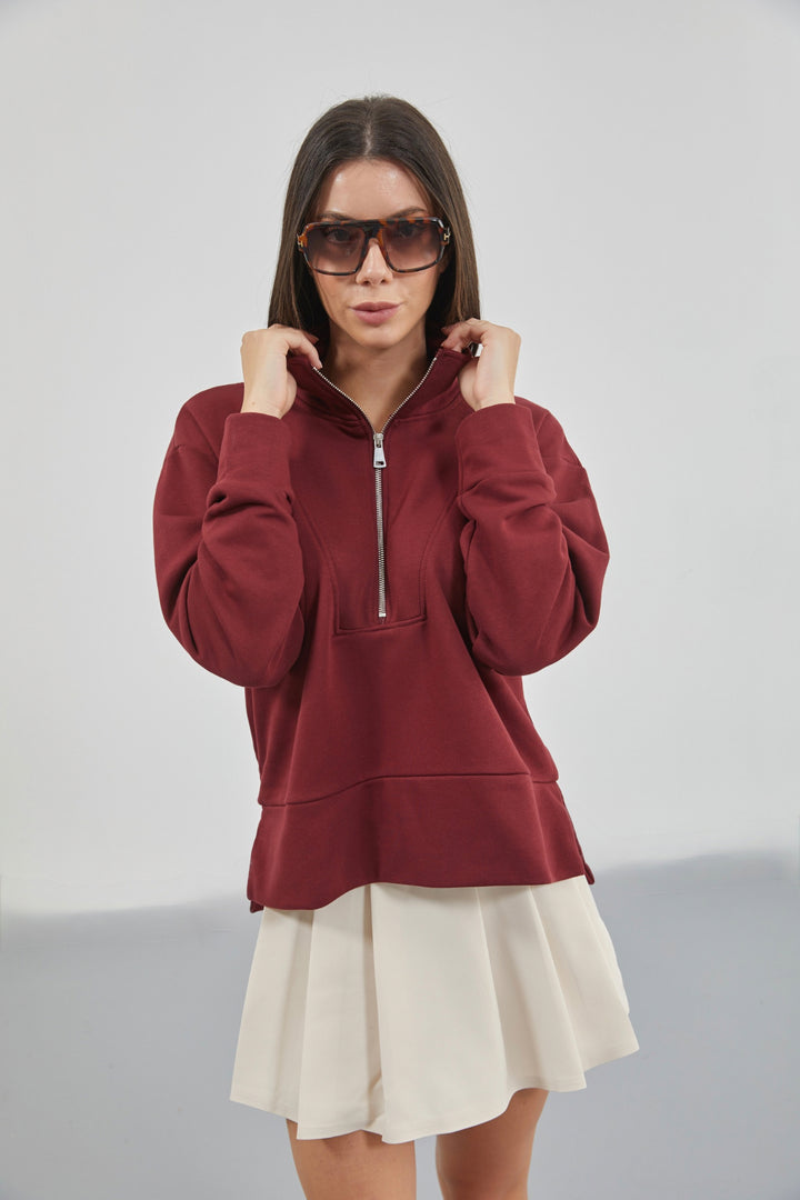 Burgundy Sweatshirt with Zipper and Stitching Details 