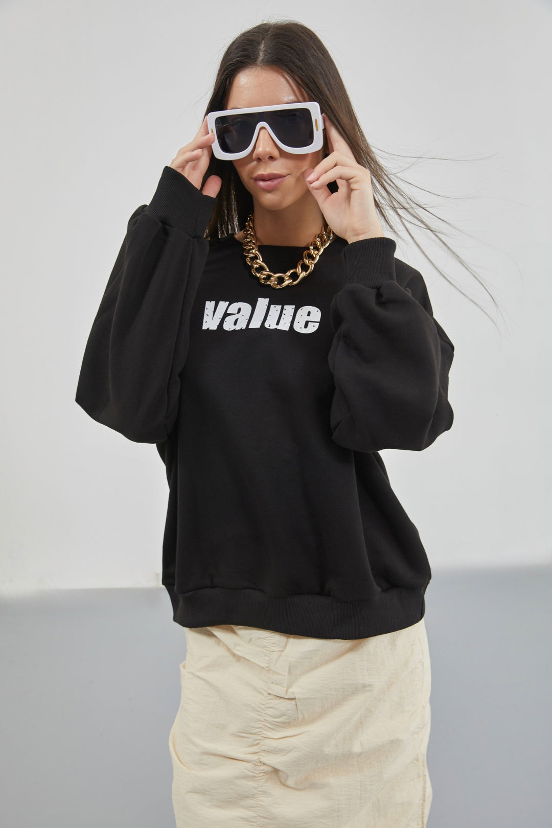 Printed Crew Neck Oversize Black Sweatshirt 