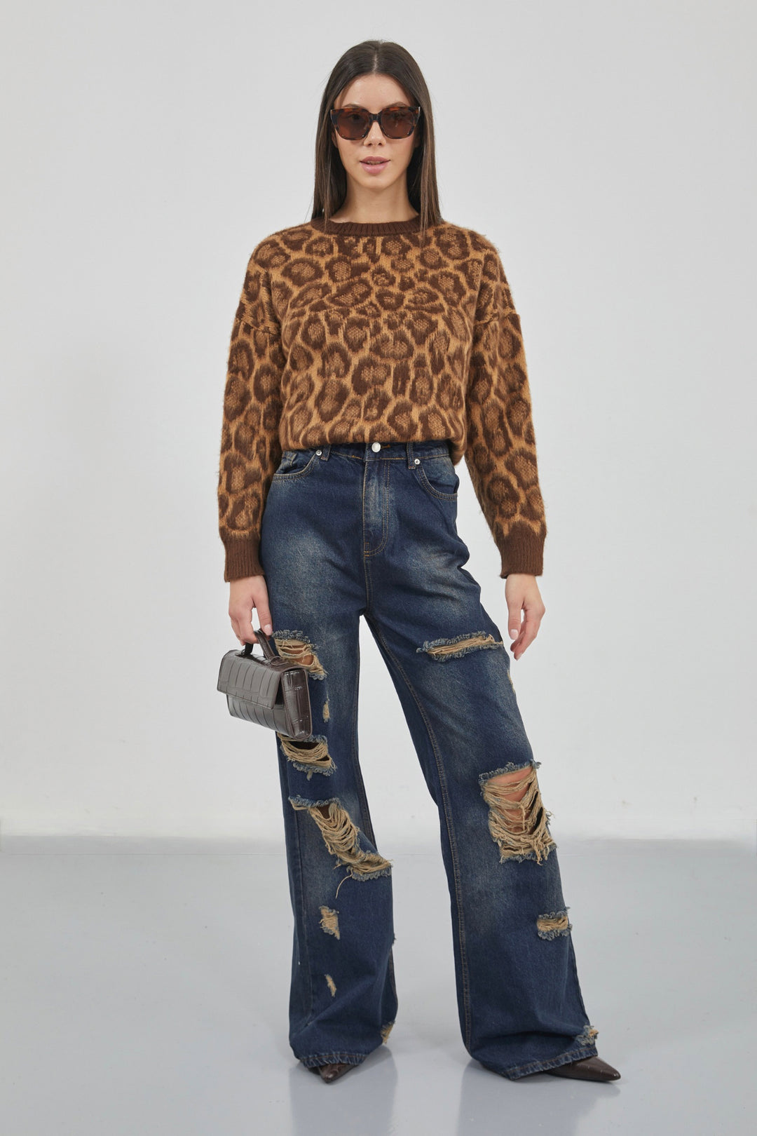 Laser Cut Wide Leg High Waist Blue Jeans 