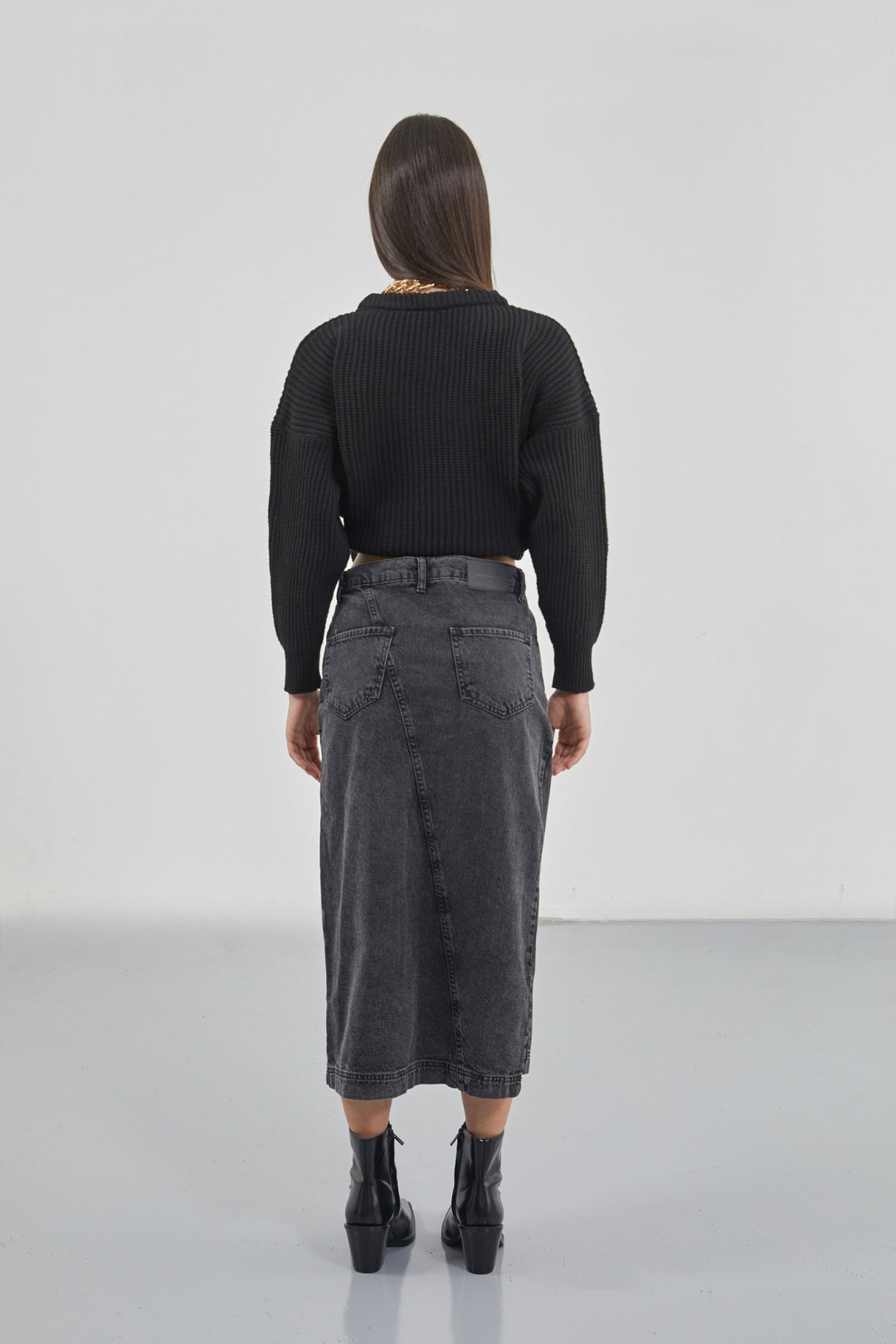 Slit Detail Denim Midi Black Skirt