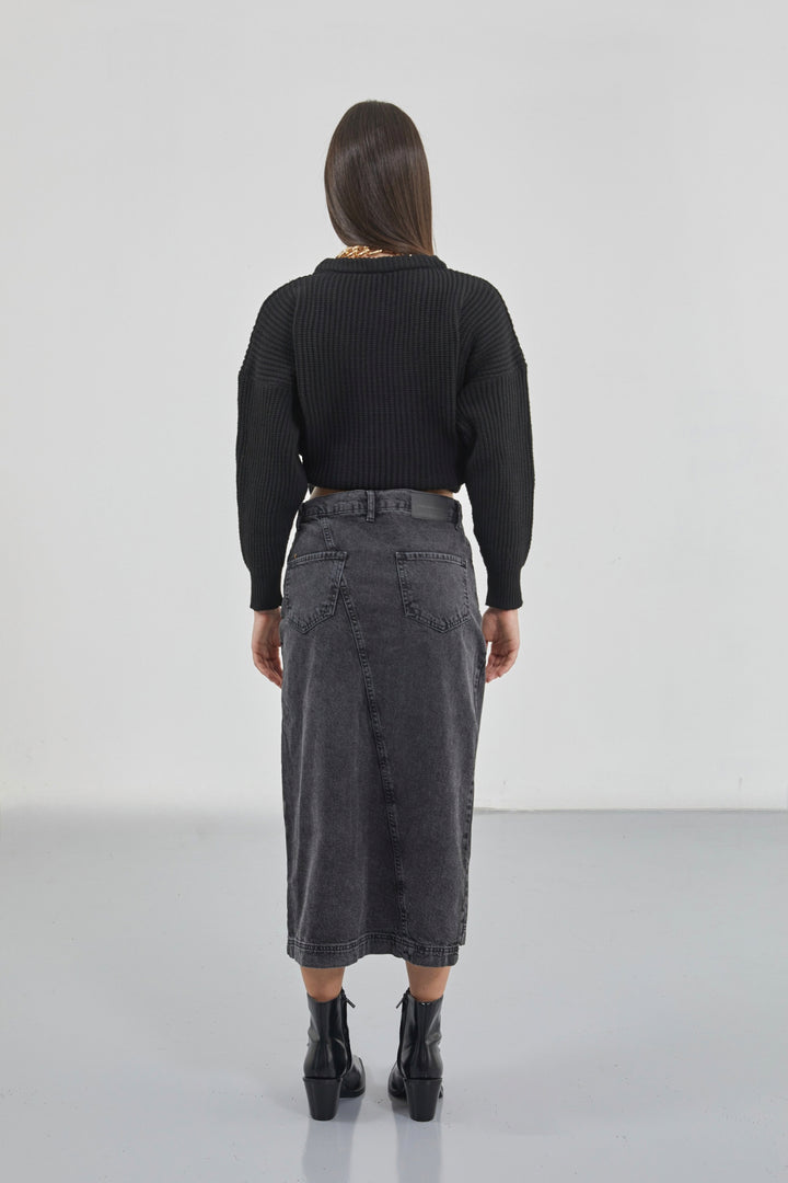 Slit Detail Denim Midi Black Skirt
