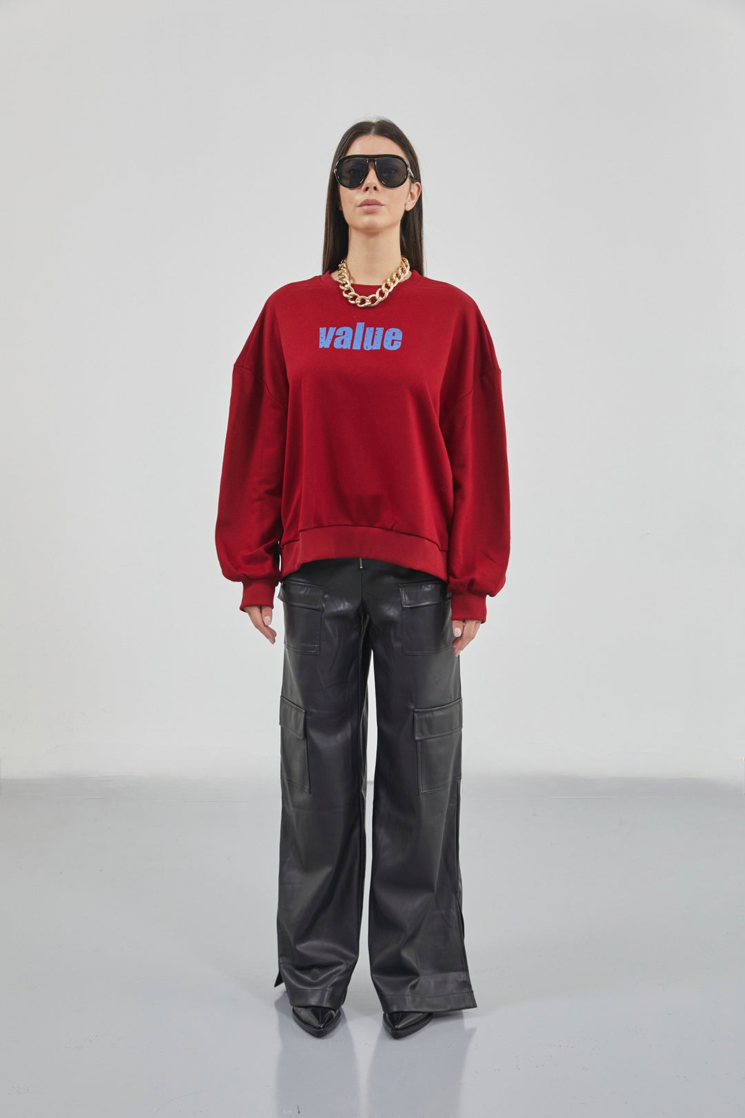 Printed Zero Collar Oversize Claret Red Sweatshirt 