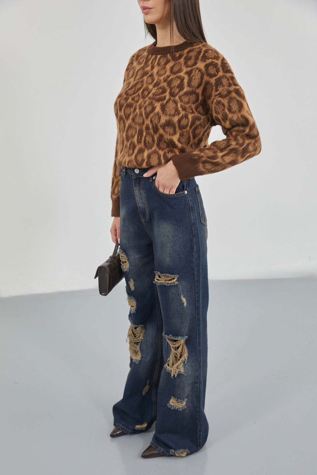 Laser Cut Wide Leg High Waist Blue Jeans 