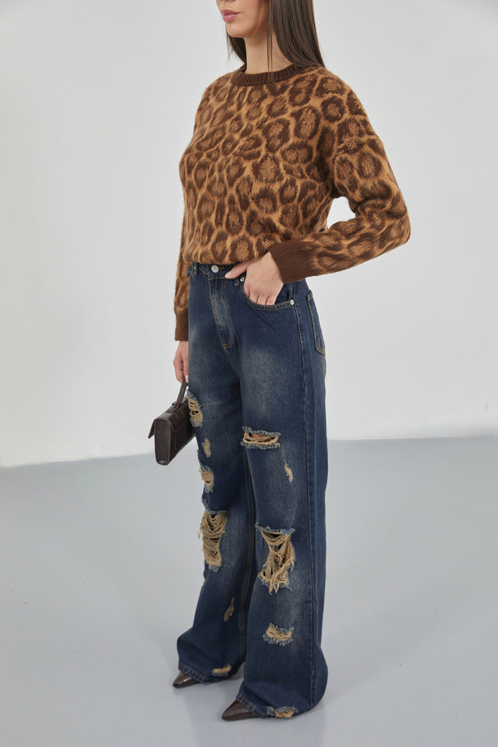 Laser Cut Wide Leg High Waist Blue Jeans 